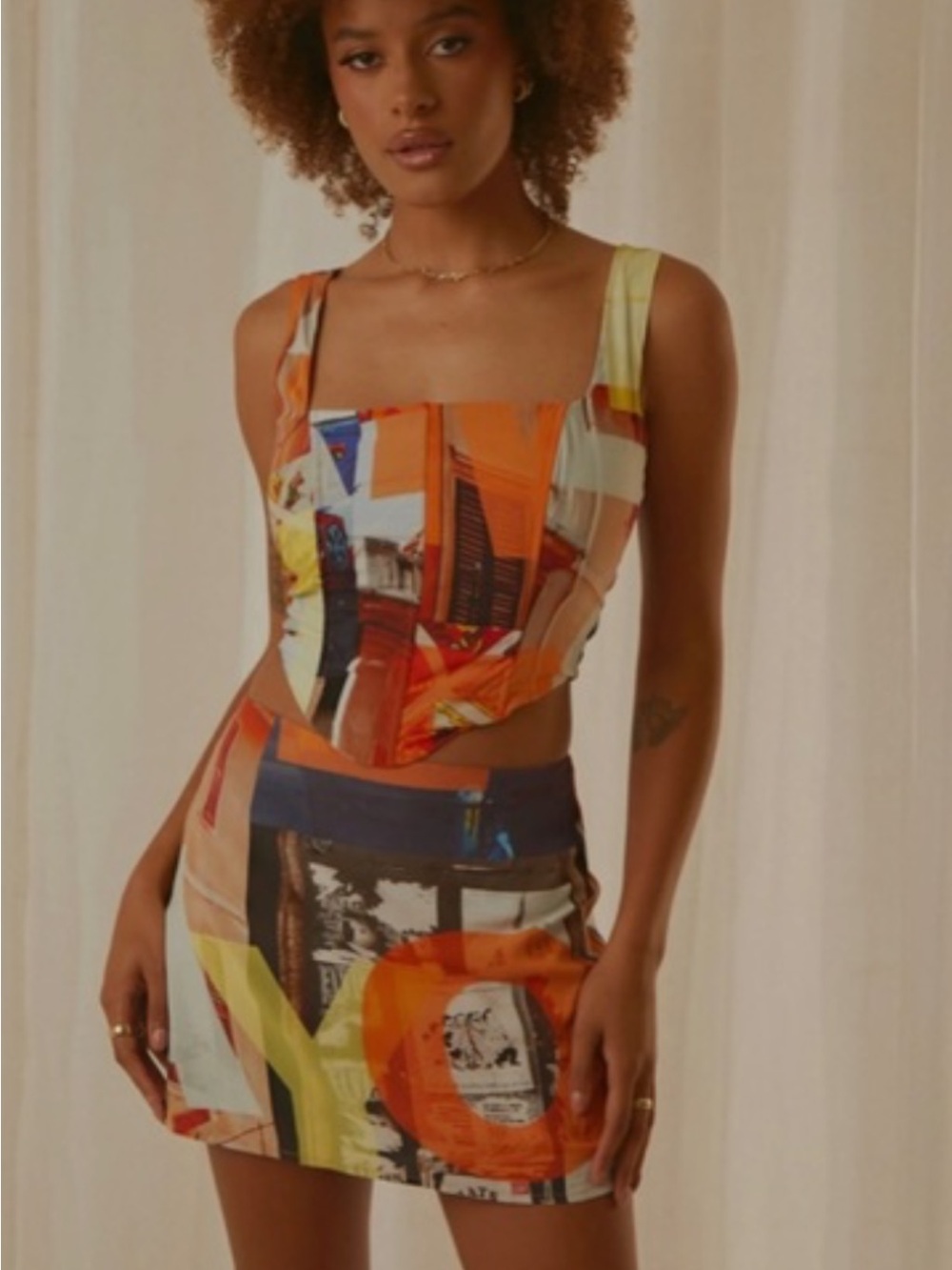 Peppermayo Orange Multi-Print Square-Neck Cropped Top